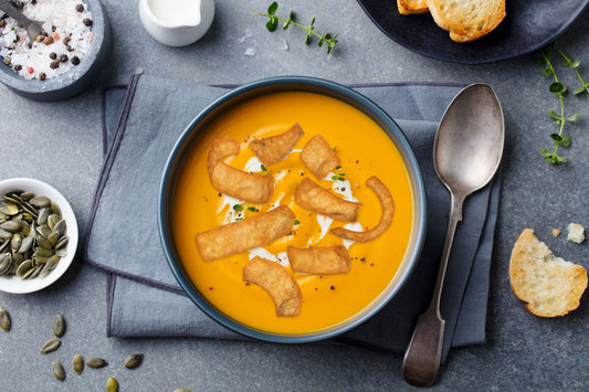 Pumpkin Soup Topped With Sea Salt Crispy Chickpea Chips
